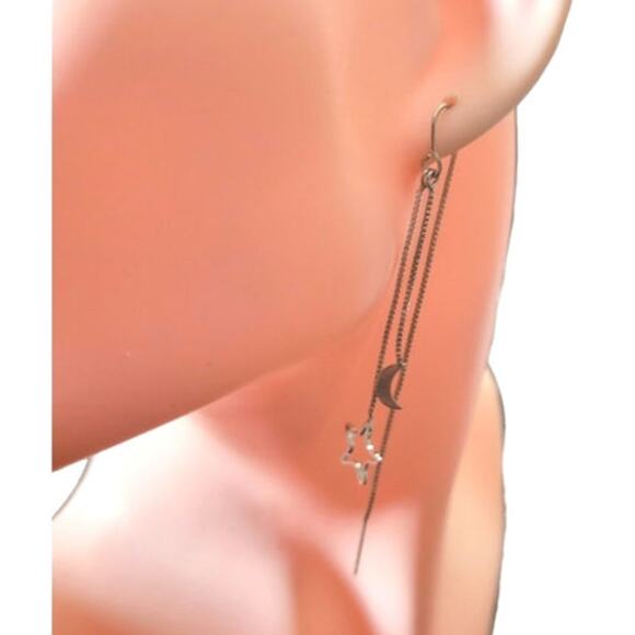 Star and moon silver tone long chain tassel minimalist  earrings - Picture 2 of 2